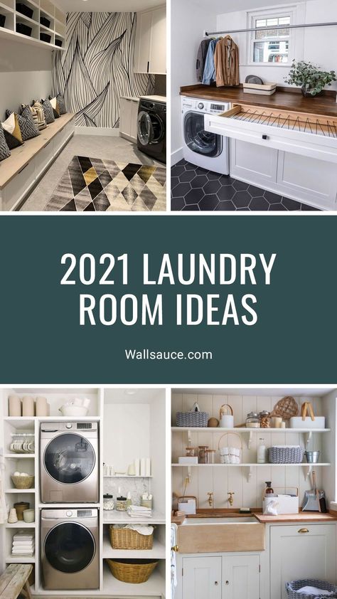 Laundry Room With Wallpaper Accent Wall, Laundry Rooms With Wallpaper, Diy Utility Room, Laundry Room Wall Paint, Laundry Room Accent Wall, Laundry Room Floor Ideas, Laundry Room Tile Ideas, Dog Showers, Sink Wallpaper