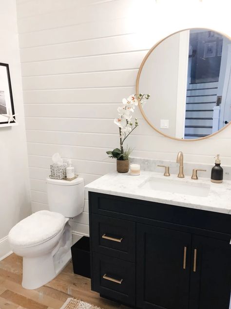 Room Bathroom Ideas, Bathroom Shiplap, Farmhouse Powder Room, Powder Room Bathroom, Shiplap Bathroom, Powder Room Decor, Black Vanity, Downstairs Bathroom, Basement Bathroom