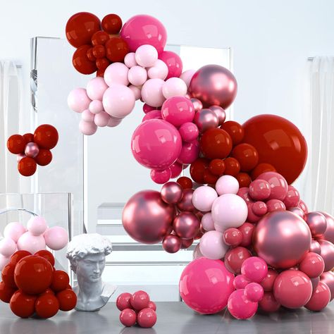 PRICES MAY VARY. 100 PCS PINK BALLOONS DIFFERENT SIZES: 36 inch ruby red jumbo balloon (1), 18 inch balloons 6 pcs (deep pink x3, metallic rouge pink x3), 12 inch balloons 30 pcs (baby pink x10, ruby red x10, pearl deep pink x10), 10 inch balloons 30 pcs (deep pink x10, pearl deep pink x10, metallic rouge pink x10), 5 inch small balloons 35 pcs (baby pink x10, ruby red x15, metallic rouge pink x10), balloon decorating strip (1) NON-TOXIC & SAFE: Made of latex, safe and non-toxic to use. Recommen Red Party Themes, 36 Inch Balloons, Pink Balloon Garland, Hot Pink Decor, 21st Birthday Sign, Valentines Baby Shower, Balloon Pictures, Light Pink Wedding, Jumbo Balloons