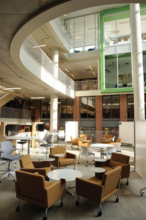 Natural light fills the Schnydman Atrium, where chairs and whiteboards on wheels allow students to adapt the space to their needs. Looking into the room from above are the glass-walled group study rooms.    Brody Learning Commons at Johns Hopkins University. Library Atrium, Group Study Room, School Library Design, Atrium Design, Study Hall, Library Designs, Student Apartment, Room Reservation, Library Inspiration