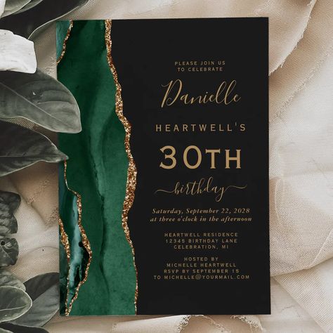 Emerald Green Gold Agate Dark 30th Birthday Party Invitation | Zazzle Dark 30th Birthday, 30th Birthday Ideas For Women, 64th Birthday, 30th Birthday Party Invitations, Emerald Green And Gold, 30th Birthday Party, Gold Theme, 30th Birthday Parties, Green Watercolor