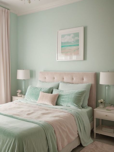 Mint Bedroom Decor, Pastel Bedroom Aesthetic, Green Room Ideas Bedroom, Blue Green Bedrooms, Mint Green Bedroom, Mint Green Rooms, Mint Bedroom, Green Bedroom Walls, Mint Green Walls