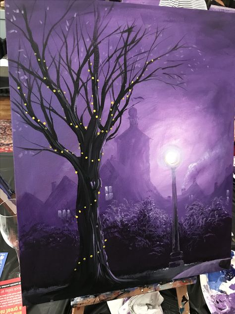 Night Time Acrylic Painting, Fall Themed Canvas Painting, Acrylic Painting Christmas Ideas, Painting Sketch Ideas, Purple Painting Ideas On Canvas, Winter Lights, Fall Canvas Painting, Sky Art Painting, Canvas Painting Designs