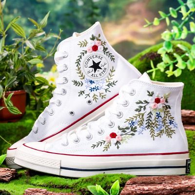 ad eBay - Wedding Converse High Tops Custom, Bridal Flower Embroidery Shoes,Wedding Flower - Buy Now, click the link (eBay) Embroidered Heels Wedding Shoes, White Converse With Flowers, Black Converse Embroidery, Embroider Converse, Embroidered Converse Low Top, Girly Shoes Sneakers, Chuck Taylors Wedding, Wedding Converse Bride, Embroidered Converse High Tops