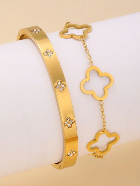 2pcs/Set Fashionable Floral Zirconia Bracelet For Women, Suitable For Party, Social Events, Daily Wear Yellow Gold Fashionable   Stainless Steel     Women Fashion Jewelry, size features are:Bust: ,Length: ,Sleeve Length: Bangle Bracelet Set, Fashionable Jewelry, Watches Women Fashion, Ear Headbands, Bangle Set, Flower Bracelet, Female Fashion, Social Events, Steel Bracelet