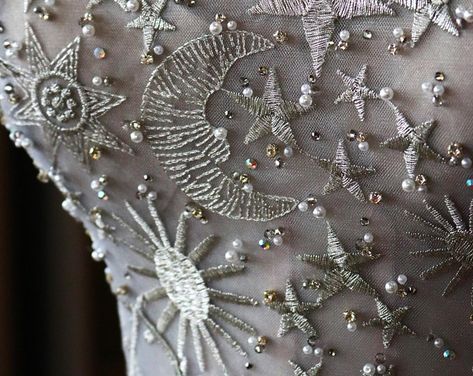 Celestial Dresses, Folklore Wedding, Marriage Renewal, 20s Wedding Dress, Dark Celestial, Witchy Wedding, Celestial Wedding Theme, Embroidered Wedding Gown, Retro Things