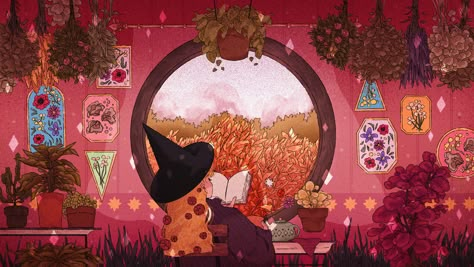 Lofi Desktop Wallpaper, Desktop Gif, Magic Bedroom, Witch Gif, Witch Wallpaper, Wallpaper Notebook, Laptop Wallpapers, Chat Halloween, Wallpaper Computer