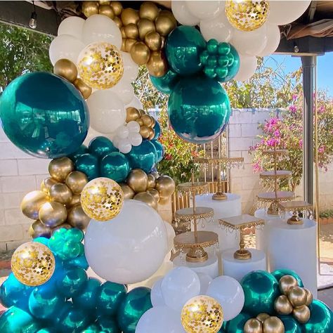 Emerald Green White And Gold Balloon Garland, Turquoise And Gold Party Decor, Teal Gold Birthday Decorations, Black Gold And Turquoise Party Decor, Aqua And Gold Party Decorations, Teal And Gold 50th Birthday, Teal And Gold Event Decor, Light Blue And Green Balloon Garland, Teal Color Birthday Theme