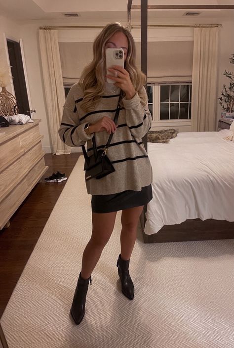 Aerie Unreal Sweater curated on LTK Aerie Henley Sweater, Skirt Date Night Outfit, Aerie Outfits, Sweater Leather Skirt, Aerie Outfit, Dinner Date Outfit, Outfit Recipes, Leather Skirt Black, Dinner Date Outfits