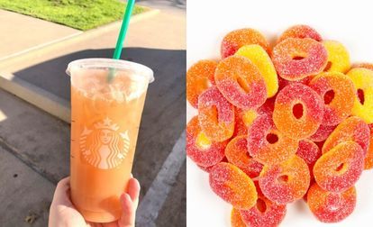 Starbucks Peach Ring Drink, Peach Rings Starbucks Drink, Peach Ring Starbucks Drink, Peach Starbucks Drink, Peach Ring Drink, Gummy Rings, Red Bull Drinks, Peach Ring, Peach Drinks