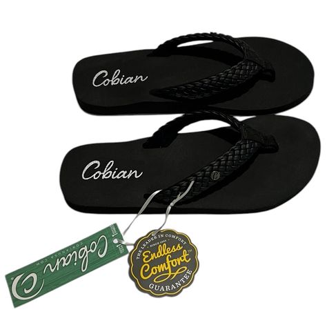 Comfortable Black Flip Flops By Cobian. Perfect For Casual Wear. Stylish And Durable. Cobian Braided Bounce Black Comfort Cushion Flip Flops Sandals. Featuring A Soft, Braided Synthetic Strap And Ultra-Squishy Foam Top Sole, The Braided Bounce Is Designed To Deliver Supreme Comfort With Every Step. This Sandal Is Durable, Comfortable. Soft, Braided, Synthetic Strap With Metal Icon Detail. Brand New With Tags. Women’s Size: 12 Heel Height: 1” (Pem) 15oz Metal Icon, Black Flip Flops, Flip Flop Sandals, Women's Shoes Sandals, Flip Flops, Shoes Sandals, Casual Wear, Heel Height, Braids