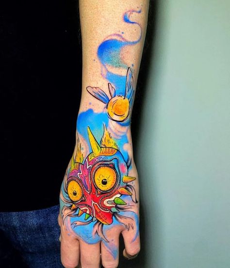 Majoras Mask Tattoo, Majora's Mask Tattoo, Majoras Mask Art, Bear Tattoo Designs, Zelda Tattoo, Best Tattoo Ideas, Watercolor Tattoos, Mask Tattoo, Gaming Tattoo