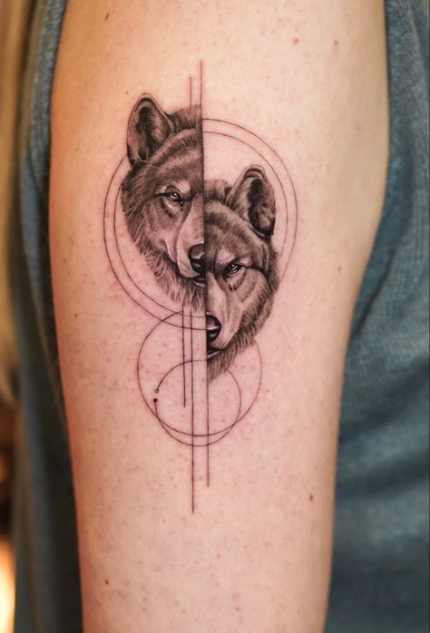 Wolf portraits with geometric design tattoo done single needle fine line black and grey || Looking for Black and Grey Fine Line and Single Needle Tattoos? Follow for the latest designs and tattoo reference inspiration @danielcollinsart #tattooinspiration #tattooideas #fineline #singleneedle #microrealism #tattoos #blackworktattoo #inked #blackandgrey #geometrictattoo Geometric Wolf Tattoo, Wolf Tattoos Men, Geometric Wolf, Single Needle Tattoo, Special Tattoos, Gemini Tattoo, Forarm Tattoos, Wolf Tattoo Design, Geometric Tattoo Design