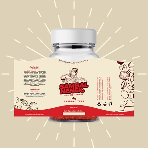 This is my Artwork for Sambal Nenek For bussiness inquiry : e-Mail : rizky.n.basir@gmail.com Instagram : www.instagram.com/rnbasyir Sambal Packaging Design, Logo Sambal Design, Sambal Packaging, Label Produk, Product Label Design, Cheese Packaging, Product Branding, Packaging Template Design, Packaging Label Design