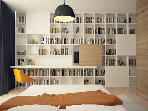 Bedrooms Bookshelves: 22 Inspirational Examples For Those Who Love To Sleep Near Their Books Bookshelf In Bedroom, Bedroom Bookshelves, White Platform Bed, Simple Bookshelf, Wall Shelves Bedroom, Bookshelves In Bedroom, Bookshelf Design, Bookshelf Desk, Bedroom Desk