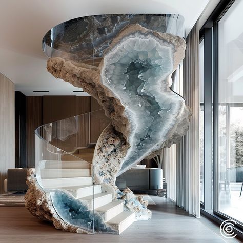 The Geode-Inspired Staircase features steps resembling geode cross-sections, showcasing vibrant amethyst, quartz, and agate hues. Each step glistens with crystal-like patterns, making the staircase a stunning blend of natural beauty and modern design. Conceptual AI Art Follow @ecosapiens for more like this! Crystal Interior Design, Cave Interior Design, Crystal Architecture, Crystal Furniture, Dream Bedroom Inspiration, Fantasy Furniture, Stair Railing Design, Crystal Geode, Dream House Interior