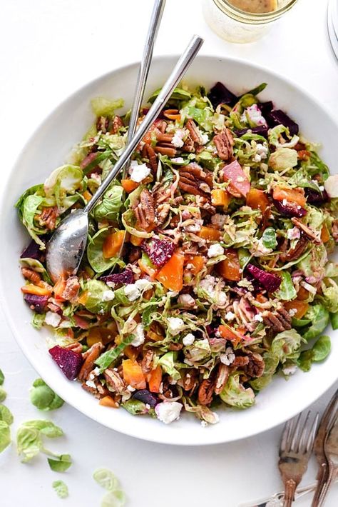 Shaved Brussels Sprouts Salad With Roasted Beets | foodiecrush.com Salad With Beets, Brussel Sprout Salad Recipes, Thanksgiving Salad Recipes, Brussels Sprouts Salad, Beet And Goat Cheese, Thanksgiving Salad, Sprouts Salad, Vegetarian Main Dishes, Brussel Sprout Salad