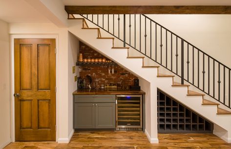 Under The Stair Bar Ideas, Staircase Bar Under Stairs Wine Storage, Rustic Under Stairs Ideas, Basement Bar Ideas Under Stairs, Under Stairs Bar Ideas Staircases, Bar Underneath Stairs, Under Stairs Mini Bar, Under Steps Ideas Basement Stairs, Basement Wet Bar Under Stairs