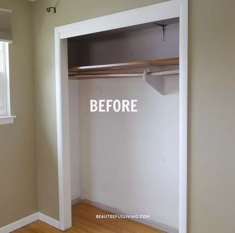 Before I had my bedroom closet updated, I thought having a "walk-in" closet was the only way my husband and I could share a closet. Turned out, we just needed a more efficient storage solution. Our old closet was a typical "reach in" closet that you would see in older homes. Here's how it looked after we emptied all contents out. It was a sad state of affairs with that old, single closet rod.     I’ve always thought the small sections of wall that cover our closet to be such a waste of s… Closet Wasted Space, Custom Reach In Closet Built Ins, Bedroom Wall Closet Built Ins, Small Reach In Closet Ideas Layout, Master Reach In Closet, Transform Coat Closet, Small Wall Closet Ideas Bedroom, Adding Closets To Old Homes, Reach In Closet Built Ins