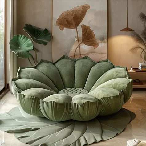 Sofa Unique Design, Cute Sofas For Living Room, Garden Theme Living Room, Zen Inspired Living Room, Lotus Room Decor, Unique Home Design Ideas, Home Zen Room, Zen Garden Bedroom, Unique House Interior