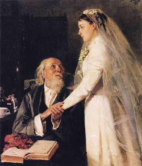 Goodbye Papa by Vladimir Makovsky, 1894. Courtesy Wiki Commons Young Marriage, White Bridal Gown, Wedding Painting, Historical Painting, Victorian Wedding, Arranged Marriage, Lost Art, Wedding Art, Vintage Bride