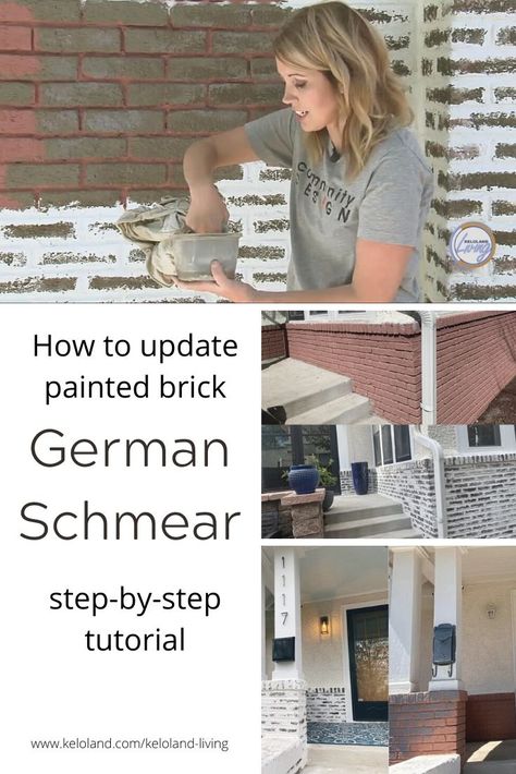 How to update old painted brick with this DIY German Schmear technique! #germanschmear #mortarwash #updatedbrick #historichomeexterior German Smear Painted Brick, How To German Smear Brick Exterior, Diy German Smear Brick Exterior, How To German Schmear Brick Fireplace, Limewash Vs German Smear, German Smear Brick Exterior Before After, How To German Smear Brick, German Shmere Brick Fireplace Diy, German Shmere Brick House