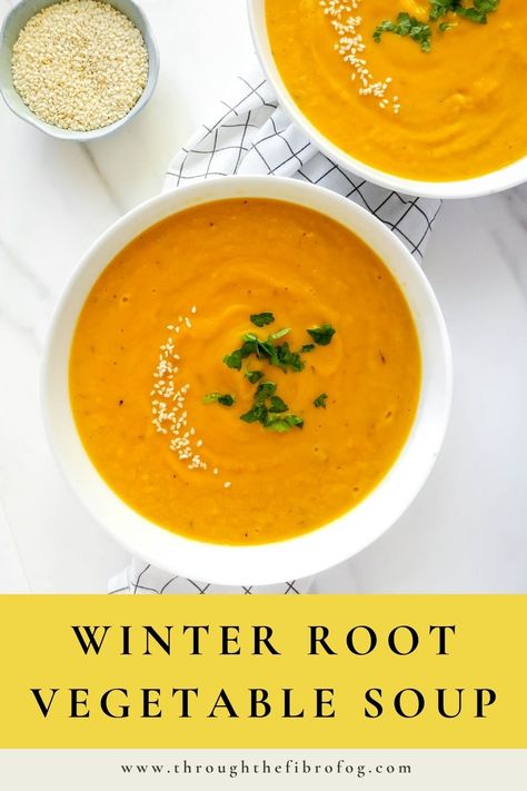 Winter Vegetable Soup Recipes, Fall Root Vegetable Soup, Root Vegetable Recipes Soup, Winter Veg Soup, Root Veggie Soup, Winter Solstice Meal Ideas, Root Vegetable Soup Recipes, Root Soup Recipes, Blended Vegetable Soup