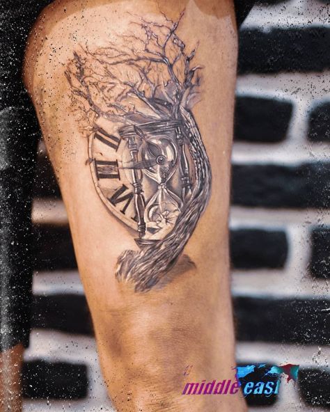 Clock And Tree Tattoo Design, Clock Tree Tattoo, Tree Clock Tattoo, Growth Tattoo Ideas Men, Roman Numeral Clock Tattoo, Tattoos That Represent Growth, Broncos Tattoo, Tattoo That Represents Growth, Time Piece Tattoo