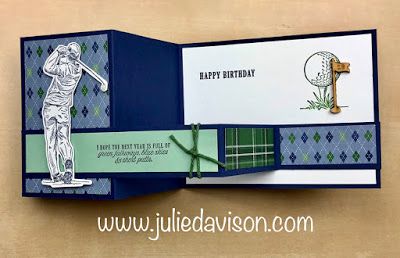 His and Hers Double Z Fold Cards + VIDEO Tutorial ~ Stampin' Up! Country Club Suite ~ Golf Birthday Father's Day Card ~ www.juliedavison.com Z Fold Cards, Golf Birthday Cards, Men Cards, Golf Cards, Golf Pga, Golf Birthday, Masculine Birthday Cards, Boy Cards, Birthday Cards For Men