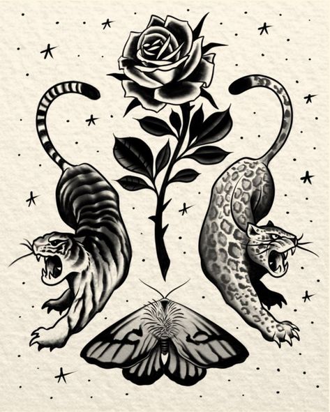 Tattoo flash with a tiger, jaguar, moth and rose Tiger And Jaguar Tattoo, Tiger And Panther Tattoo, Traditional Jaguar Tattoo, Tiger Stomach Tattoo, Tiger Tattoo Back, Jaguar Tattoo, Jaguar Leopard, Panther Tattoo, Tiger Moth