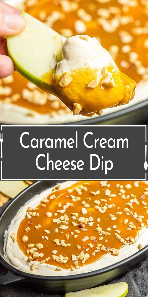 Caramel cream cheese dip is layers of sweetened cream cheese, thick caramel, and chopped nuts makes a delicious caramel dessert dip for apples. This caramel apple dip is the perfect fall dessert. This dip turns caramel apples into a shareable dessert perfect for any fall occasion from Halloween parties to Thanksgiving! Fluffy Caramel Apple Dip, Carmel Apple Dip Recipes, Cream Cheese Caramel Dip, Caramel Cream Cheese Dip, Dip For Apples, Cream Cheese Apple Dip, Shareable Desserts, Caramel Apple Dip Recipe, Caramel Apples Halloween