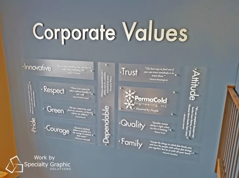 blue wall with 11 acrylic panels with values like Attitude, Trust, Family, Courage, Quality, Respect, Innovative.  The words Corporate Values are above the panels and are made from one half inch brushed aluminum.  Modern and striking - very unique and one of a kind Office Mission Statement Wall, Corporate Core Values Design, Core Values Wall Art, Corporate Office Branding Wall, Company Mission Statement Design, Mission Vision Values Design Poster, Corporate Bulletin Board Ideas, Corporate Values Poster, Corporate Values Wall