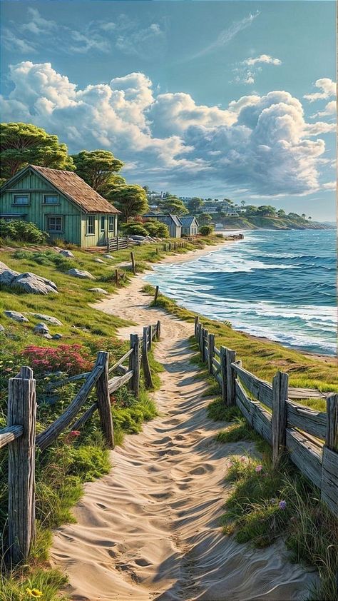 자작나무 그림, Village By The Sea, Beach Art Painting, Beautiful Scenery Photography, Seni Dan Kraf, Living The Life, Private Jets, Landscape Art Painting, Small Village