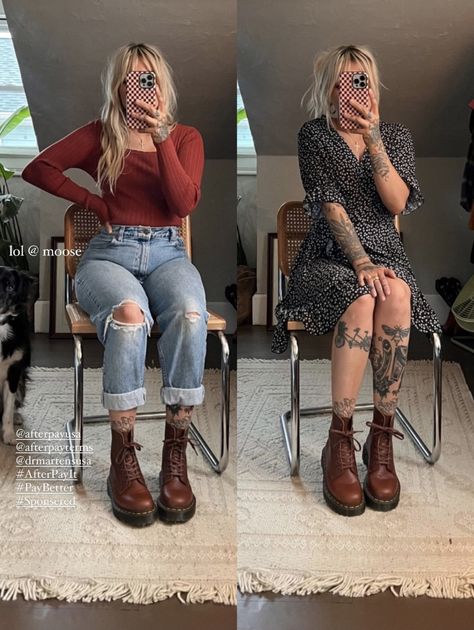 Fall Fashion Dr Martens, Female Hipster Outfits, Punk Rock Mom Style, Cute Outfits Doc Martens, Burgundy Docs Outfit, Interview Outfit Midsize Women, Subtle Alternative Fashion, Dresses To Wear With Doc Martens, Casual Outfits With Doc Martens