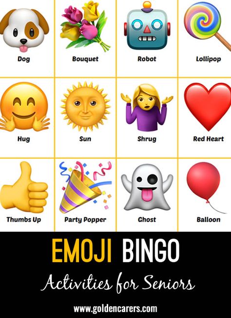 Emoji Bingo: Here is an emoji-themed bingo game to enjoy! Emoji Bingo, Emoji Balloon, Activities For Seniors, Nursing Home Activities, My Favourite Teacher, Elderly Activities, Activity Director, Winter Words, Party Poppers