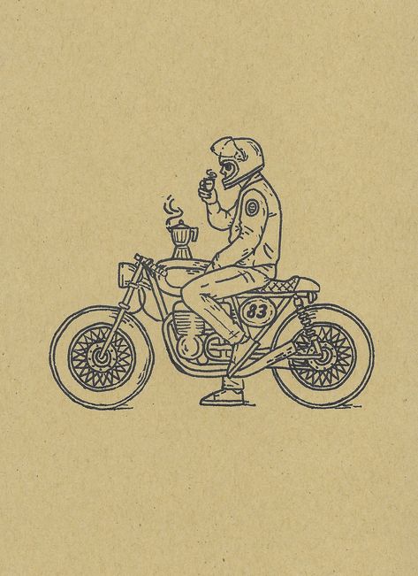 Coffee And Motorcycles, Vintage Motorcycle Tattoo, Cafe Racer Illustration, Drawing Of Motorcycle, Minimalist Motorcycle Tattoo, Motorcycle Sketch Drawing, Bike Tattoo Motorcycles, Motorcycle Art Drawing, Cafe Racer Ideas