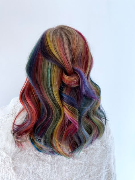 Vivid Hair Color Streaks, Rainbow Hair For Brunettes, Copper And Rainbow Hair, Rainbow Hair Underneath Brown, Rainbow Highlights In Brown Hair, Fall Rainbow Hair, Autumn Rainbow Hair, Rainbow Balayage Hair, Peekaboo Vivids