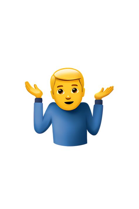 The emoji 🤷‍♂️ depicts a man with his shoulders raised and his palms facing upwards, as if he is unsure or confused about something. He has a neutral expression on his face and is wearing a generic shirt and pants. The emoji is typically yellow in color, but may vary depending on the platform or device being used. Shrugging Emoji, Boy Emoji, Neutral Expression, Emoji Man, Apple Emojis, Shrug Emoji, Shoulder Raises, Hand Emoji, Emoji Characters