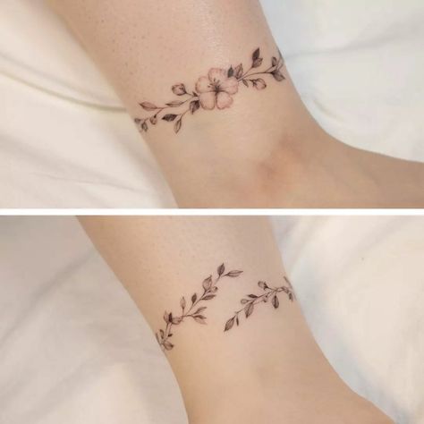 101 Best Ankle Bracelet Tattoo With Names Ideas That Will Blow Your Mind! 11 Outsons Anklet Tattoos Wrap Around Flower, Wrap Around Tattoo Design, Floral Wrist Tattoo Bracelets, Anklet Tattoos Wrap Around, Ankle Bracelet Tattoos For Women, Wrap Around Wrist Tattoos For Women, Ankle Tattoos For Women Wrap Around, Floral Ankle Tattoo, Flower Bracelet Tattoo