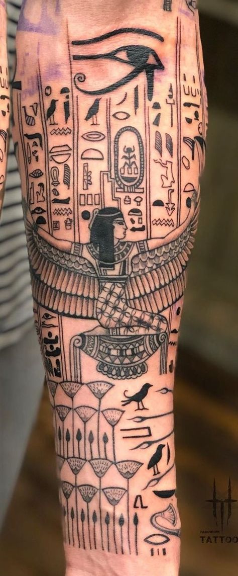 Leg Tattoo Men Egyptian, Tattoo Sleeve Egyptian, Eygptain Tattoos Men Arm, Ma’at Tattoo Design, Egypt Leg Sleeve, Egyptian Mythology Tattoo Sleeve, Egyptian Hyroglyphs Tattoo Design, Egyptian Sleeve Tattoos For Guys, Egyptian Filler Tattoos