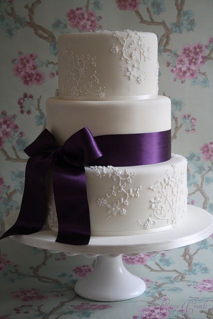 Floral detail wedding cake with purple ribbon Wedding Cakes Simple, Cotton And Crumbs, Cakes Simple, Wedding Cakes Elegant, Tiered Cake, Wedding Dessert, Simple Wedding Cake, Elegant Wedding Cakes, Wedding Cake Inspiration