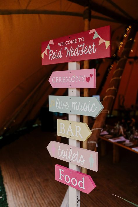 Wedfest | Bright Tipi Festival Wedding in Cheshire Wedfest Decorations, Wedfest Ideas, Coachella Bachelorette, Hen Fest, Festival Signs, Festival Entrance, Music Festival Wedding, Festival Themed Wedding, Romantic Rustic Wedding