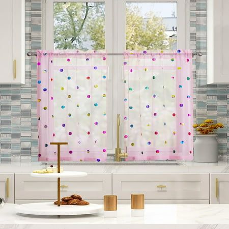 Decorate your windows, but also decorate your life, so do not put exquisiteness on the shelf. Let your children and pets enjoy the wonderful leisure time! The unique warm color dot design of this curtain adds vitality to the ordinary drapes, making the whole curtain both advanced and enthusiastic, we sincerely hope to add a bright background color to your life. Size: 28" x 36".  Color: Pink.  Pattern: metallic. Pink Kitchen Curtains, Grey Kitchen Curtains, Dot Print Pattern, Valances For Living Room, Colorful Room Decor, Cute Curtains, Kitschy Kitchen, Floral Room, Linen Lights