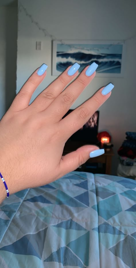 Light Blue Nails Plain, Light Blue Acrylic Nails Design Medium Length, Light Blue Nails Coffin Shape, Light Blue Nails With Design Coffin, Light Sky Blue Nails, Neon Light Blue Nails, Columbia Blue Nails, Light Blue Nails With Accent Nail, Ice Blue Nails Acrylic