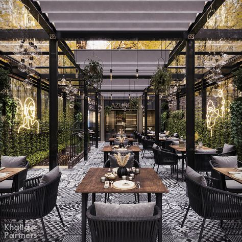 Azure Restaurant & Cafe :: Behance Rooftop Bar Design, Outdoor Restaurant Patio, Rooftop Restaurant Design, Restaurant Exterior Design, Restaurant Plan, Modern Restaurant Design, Outdoor Restaurant Design, Restaurant Exterior, Cozy Interior Design