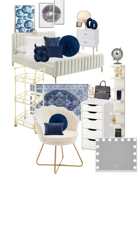 Dusty Blue Room Aesthetic, Navy Room Decor Aesthetic, Navy Blue Room Inspiration, Navy Room Inspiration, Clean Girl Room Aesthetic Navy Blue, Dorm Room Navy Blue, Blue Flower Room Aesthetic, Blue And Gold Bedroom Aesthetic, Navy Blue Aesthetic Room