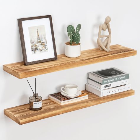 【Solid Wood Shelves】Made of authentic rough-cut pine, each board has a unique wood grain and knots. Our floating shelves are cut from whole pieces of wood rather than hollow boards, spliced boards, MDF or plastic. Hanging Shelf Decor, Laundry Room Garage, Floating Wood Shelves, Long Floating Shelves, Bedroom Laundry Room, Shelves For Living Room, Floating Shelves Living Room, Fireplace Mantel Shelf, Floating Shelf Decor