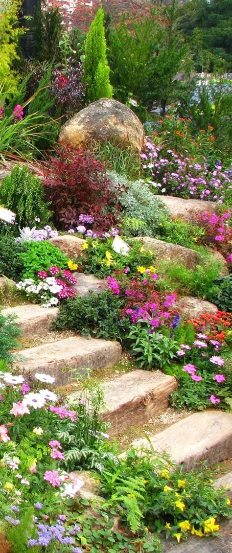 Pretty Sandstone Flower Bed Border, Garden Wonderland, Hillside Garden, Stone Steps, Hillside Landscaping, Yard Landscape, Sloped Garden, Garden Steps, Rock Garden Landscaping