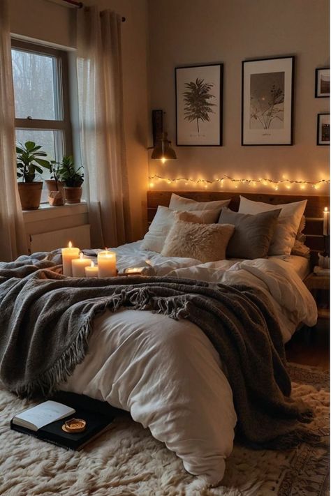 Chic and cozy bedroom with elegant elements and cozy touches. Cozy Lighting Bedroom, Small Cozy Apartment Bedroom, Dark Cozy Bedroom Ideas Romantic, Moody Cozy Bedroom, Warm Lighting Bedroom, Academia Bedroom Aesthetic, Cozy Warm Bedroom, Cozy Apartment Bedroom, Cosy Bedroom Ideas