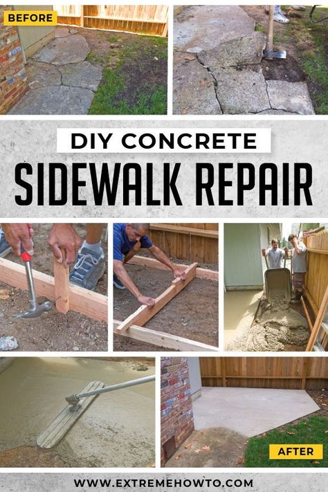 Outdoor Curb Appeal, Diy Sidewalk, Sidewalk Repair, Concrete Sidewalk, Easy Diy Home Improvement, Diy Steps, Broken Concrete, Exterior House Renovation, Concrete Walkway